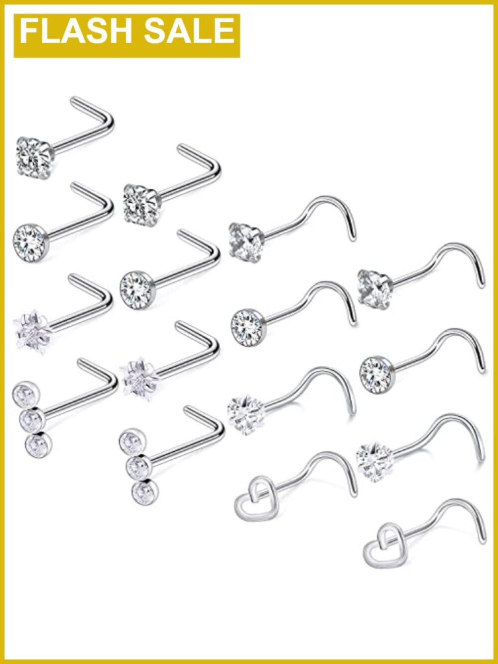 Hypoallergenic Stainless Steel L Shaped Nose Rings Studs CZ Piercing Jewelry